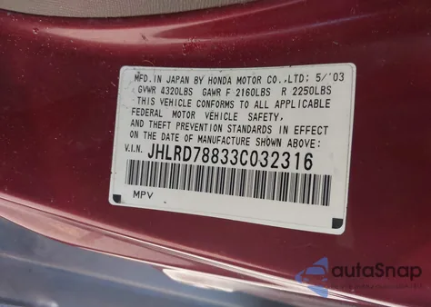 2003 Honda Cr-V Ex from USA, damaged, VIN JHLRD78833C032316